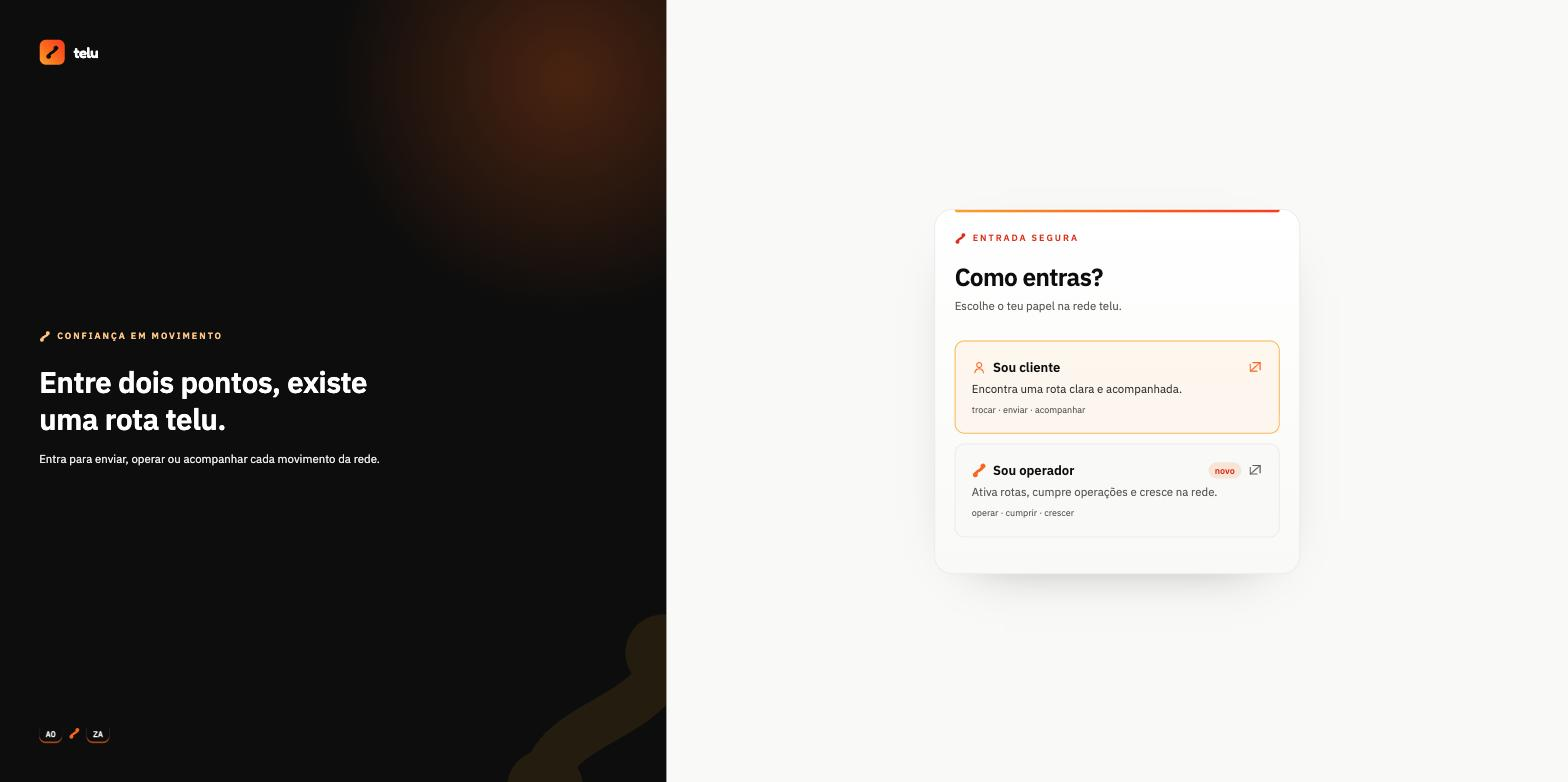 telu login screen: choose your role in the network — client or route operator.